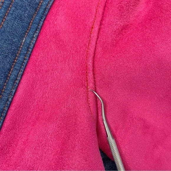 RARE Vintage Von Dutch Y2K Pink & Yellow Suede Blue Denim Faux Fur Bomber Jacket - Picture 15 of 16